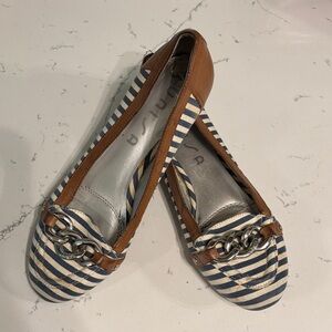 Unisa Navy and Tan Striped Loafers